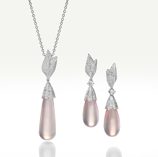 Rose quartz and diamond earrings and pendant